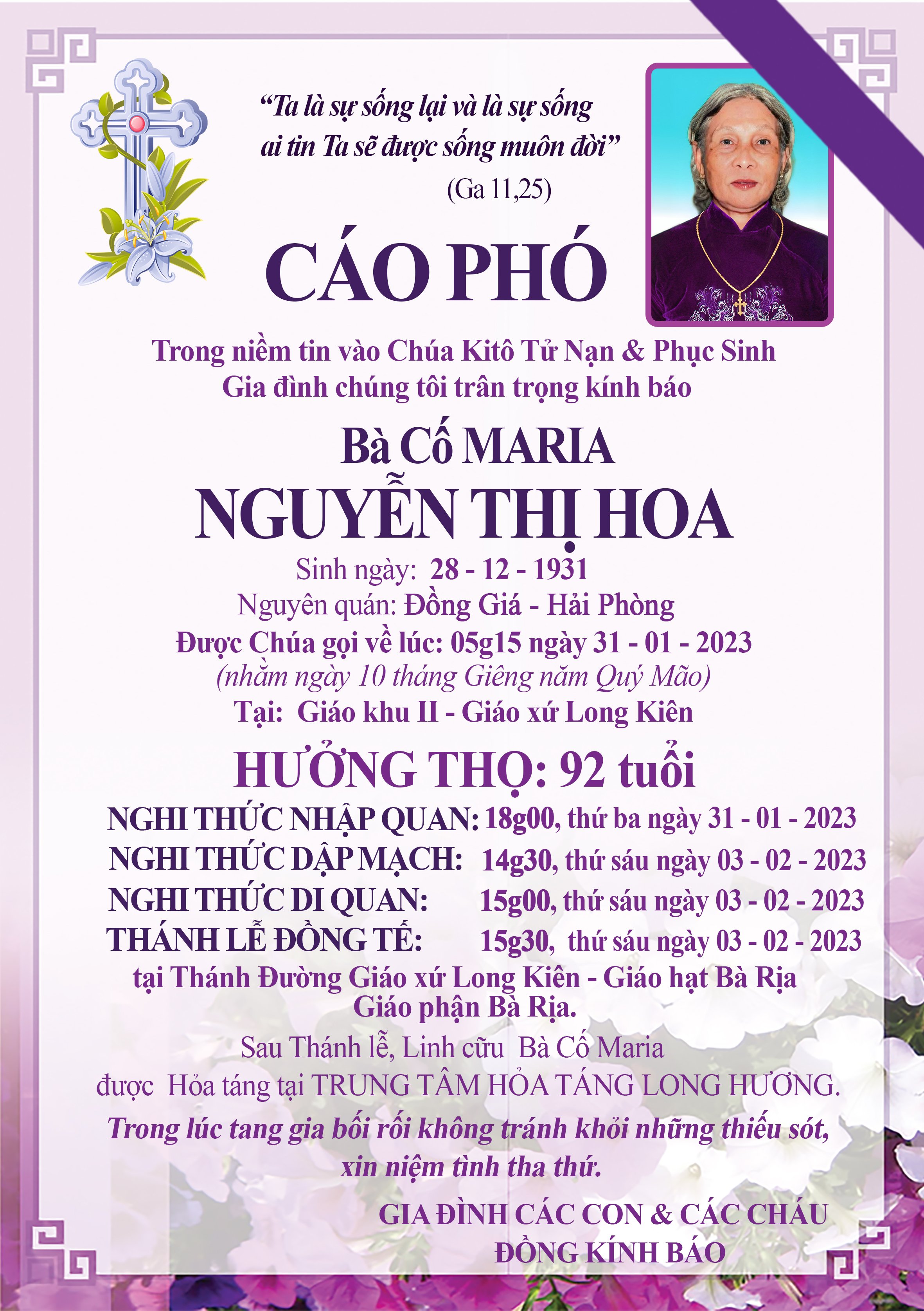 Xin cầu nguyện cho bà Cố Maria- Thân Mẫu chị Bề trên Nguyễn Thị Uyên Thao mới được Chúa gọi về