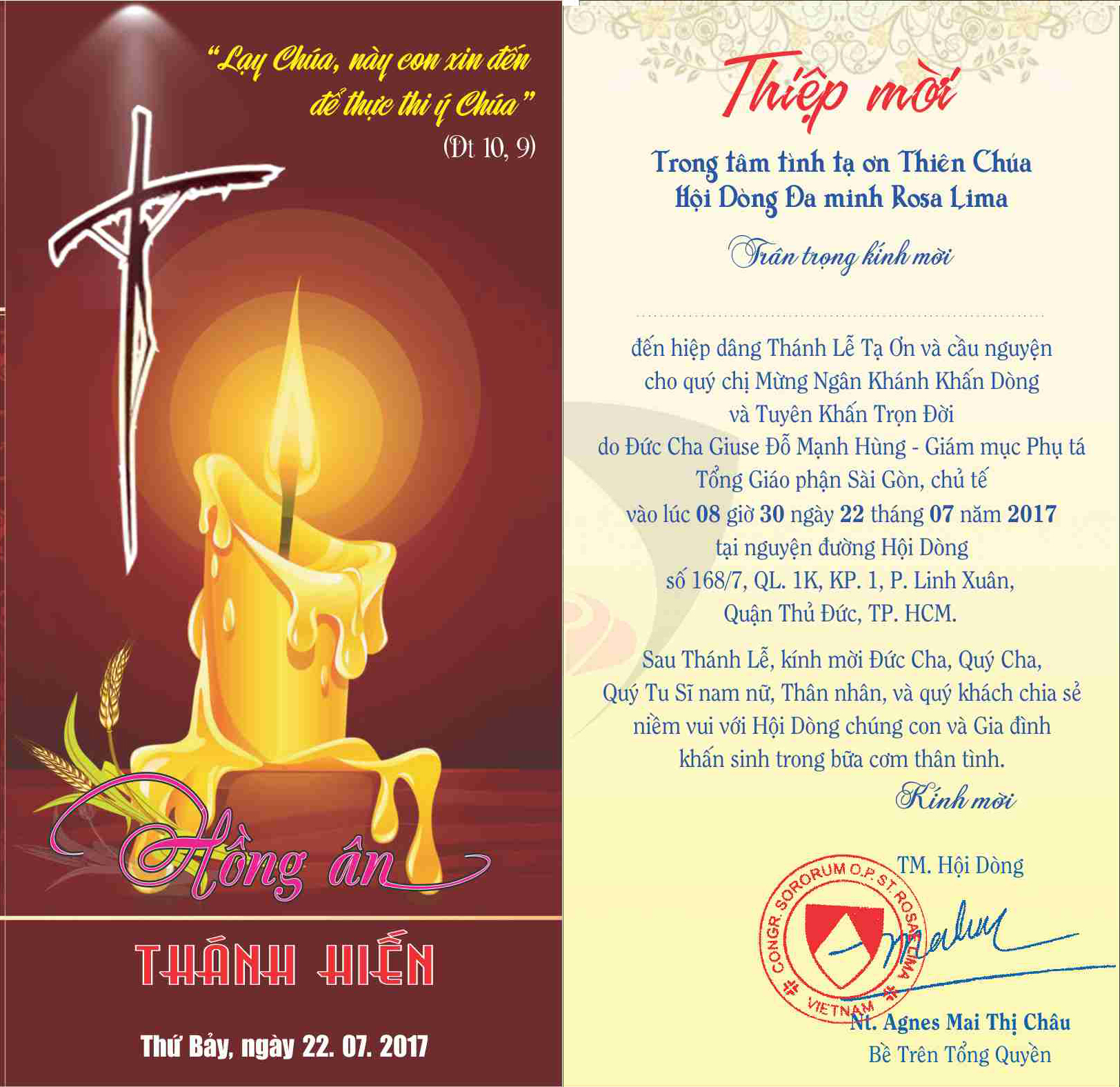 Thiệp mời: Thánh Lễ Tuyên Khấn Trọn Đời và Tạ Ơn Mừng Ngân Khánh Khấn Dòng